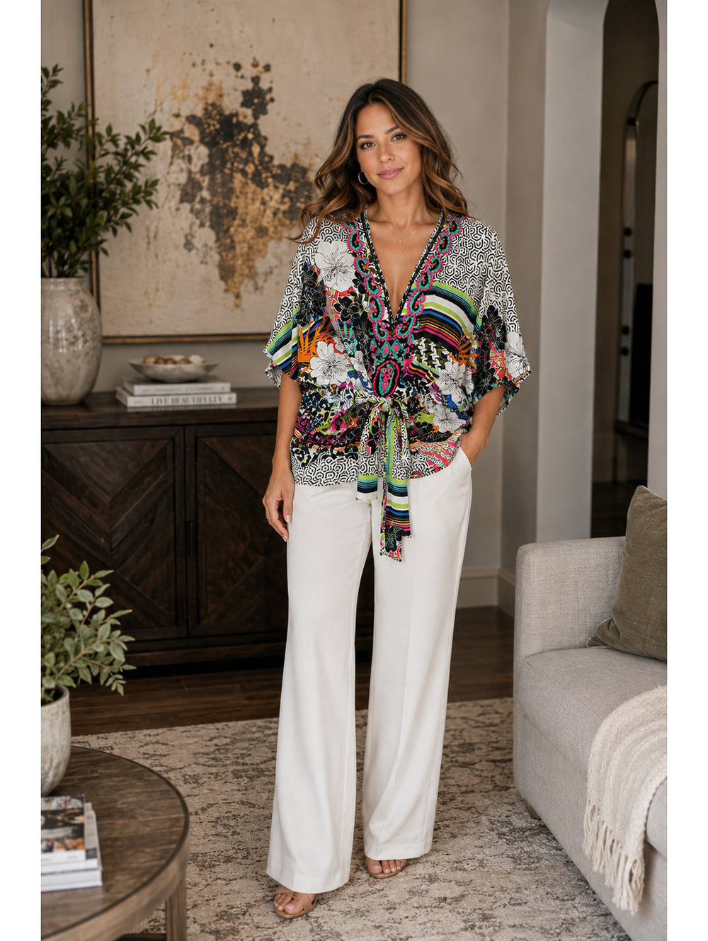 Multicolor Mixed Print Beaded Bathing Suit Coverup